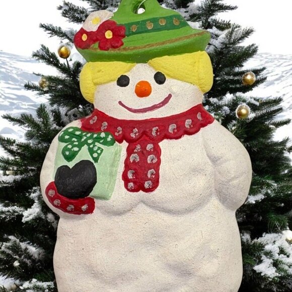 Vintage Snowman Christmas Tree Ornament Snow Woman with Gift Hand Painted - Picture 1 of 6